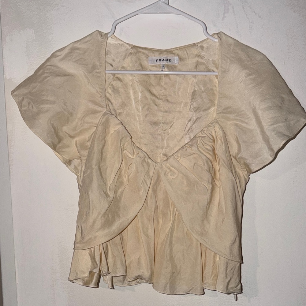 Frame 100% Silk Cream Short Sleeve Blouse- L